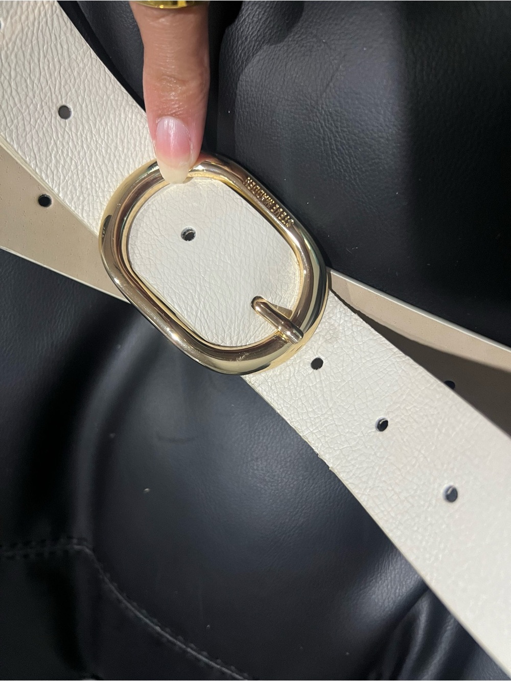 Steve Madden Cream White Leather Belt with Gold Rounded Square Buckle